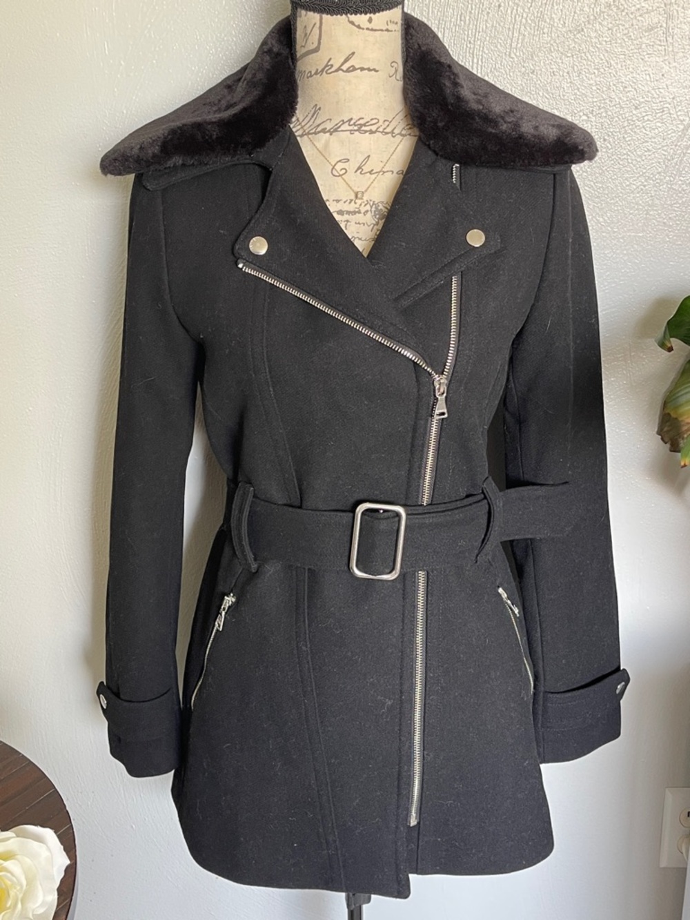 Express Black Faux Fur Collar Coat Double Breasted Tailored Winter Coat Size XSP